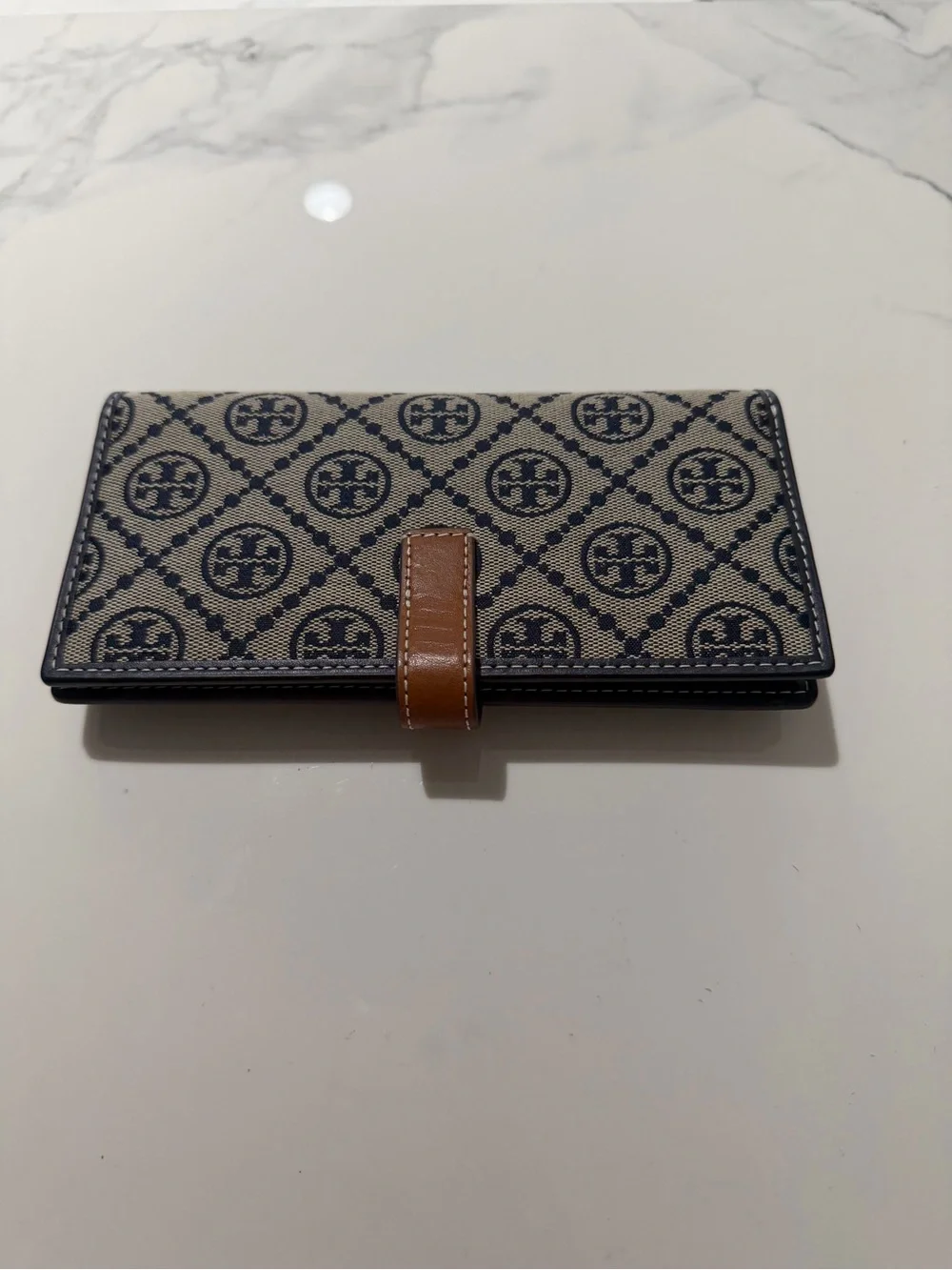 Tory Burch Navy Logo Canvas Continental Wallet with Brown Strap